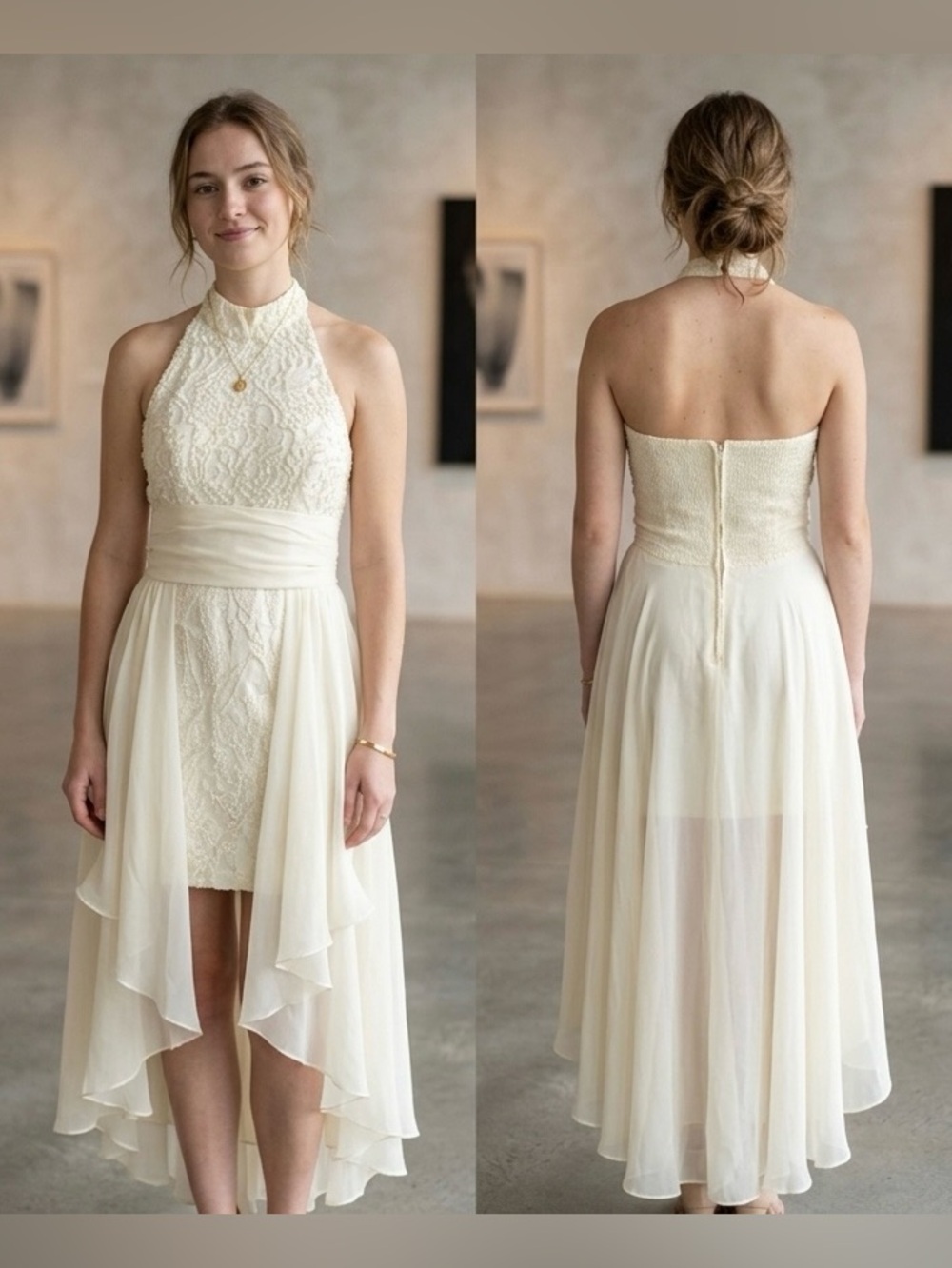 VIntage Halter Cream Embroidered Sequins Lace Chiffon 80s 90s Wedding Dress M